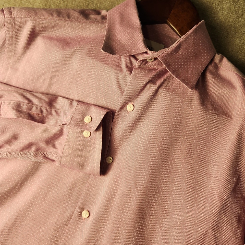 Ben‎ Sherman Button Up Shirt Mens 15.5 Pink Tailored Slim Fit Micro Dot Cotton